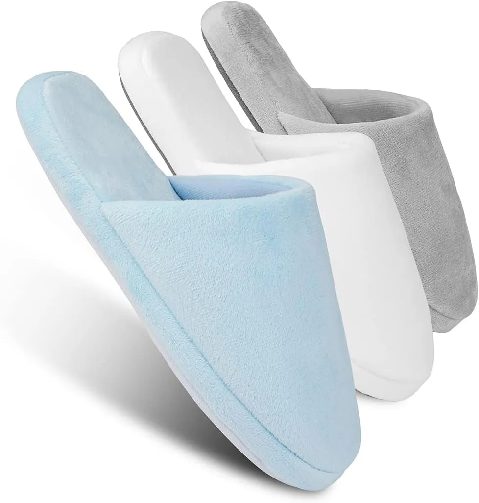 3-Pair Luxury Spa Slippers - Cotton Memory Foam Non-Slip Closed Toe Washable Slippers for Hotel,Guest,Travel,Bride,Women and Men