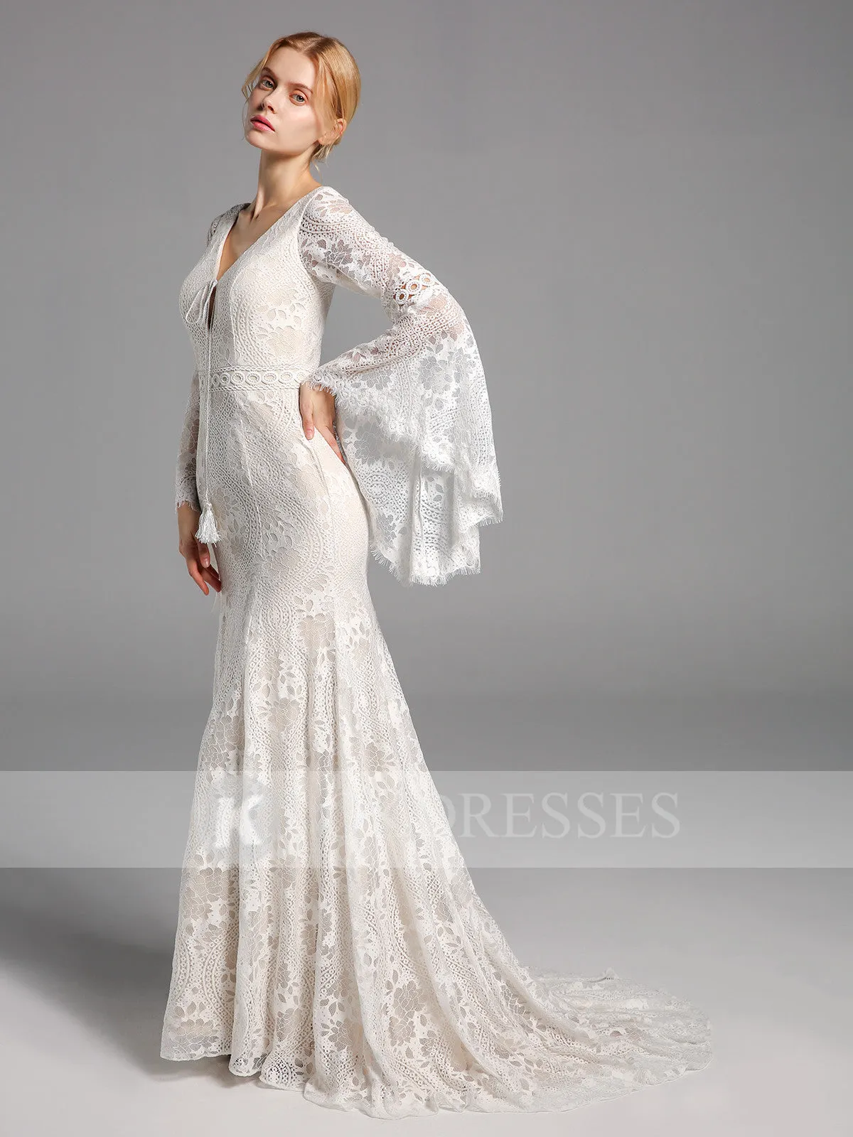 A-line Lace Long Sleeves Wedding Dresses V Neck Bridal Gowns W0028OK
