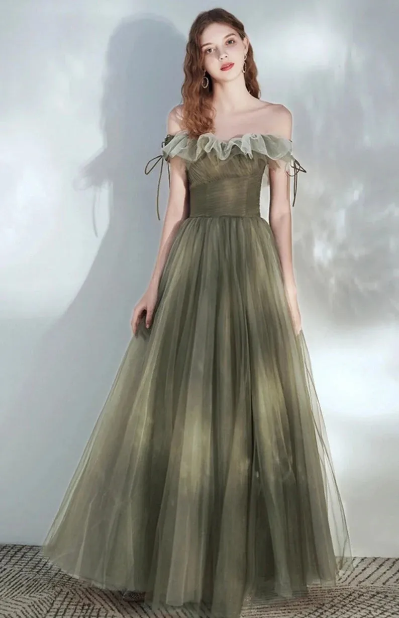 A Line Off the Shoulder Tulle Floor Length Prom Dress Green Elegant Fairy Dress OK1390