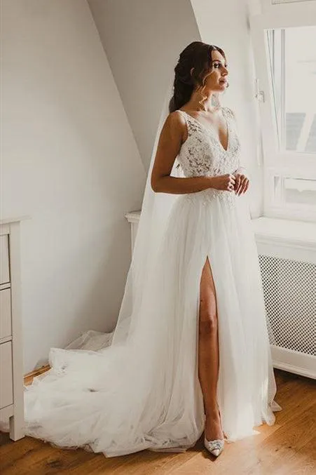 A-line V-Neck Lace Ivory Wedding Bridal Dress with Slit TN327
