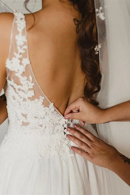 A-line V-Neck Lace Ivory Wedding Bridal Dress with Slit TN327