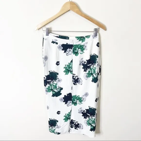 ALC White Green Bell Floral Print Silk Midi Skirt Size 4 US
