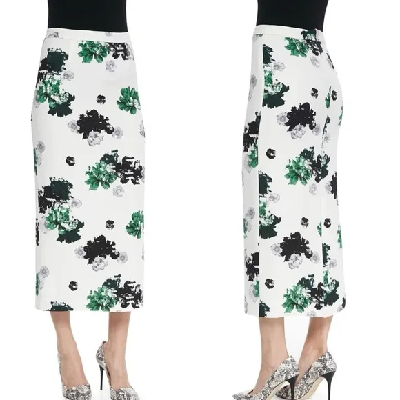 ALC White Green Bell Floral Print Silk Midi Skirt Size 4 US
