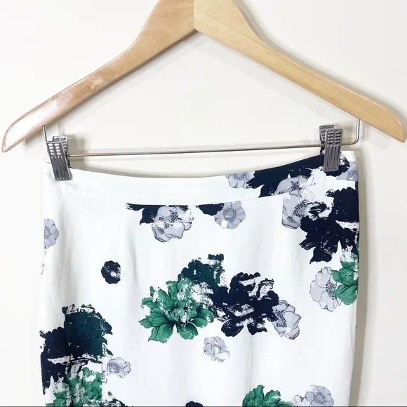 ALC White Green Bell Floral Print Silk Midi Skirt Size 4 US