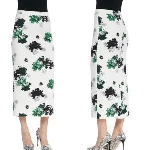 ALC White Green Bell Floral Print Silk Midi Skirt Size 4 US