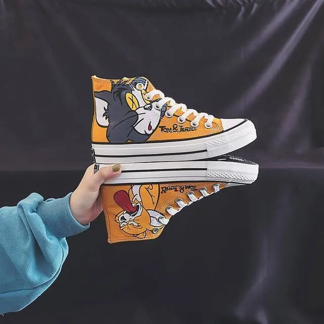 Anime Cartoon Print Patchwork Shoes Brand Lovely Girls Canvas Thick Heel Sneakers Designer High Top Espadrilles Flat