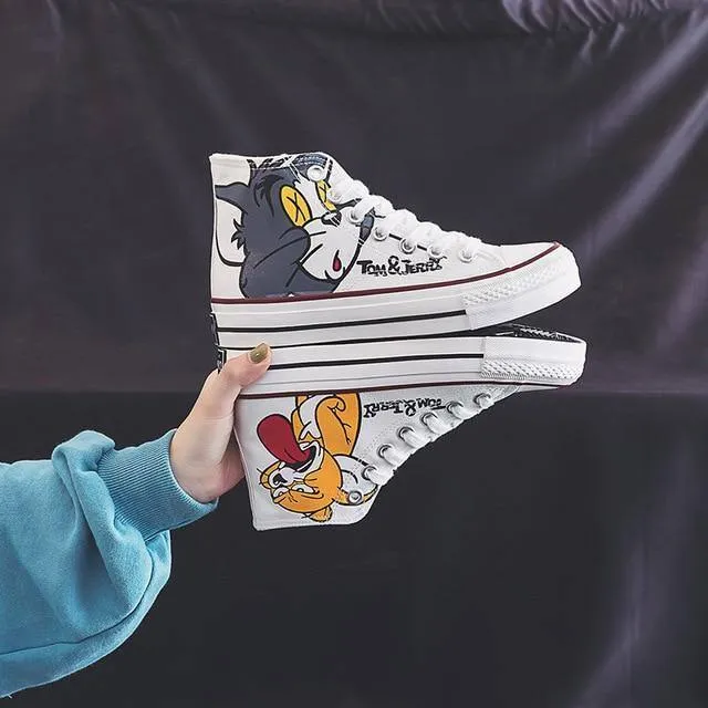 Anime Cartoon Print Patchwork Shoes Brand Lovely Girls Canvas Thick Heel Sneakers Designer High Top Espadrilles Flat