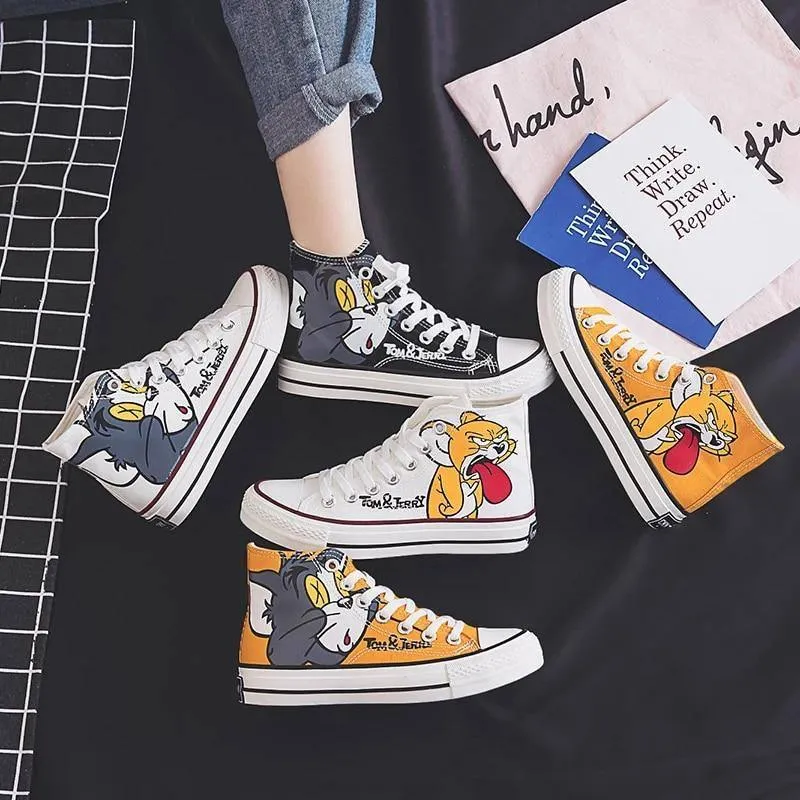 Anime Cartoon Print Patchwork Shoes Brand Lovely Girls Canvas Thick Heel Sneakers Designer High Top Espadrilles Flat