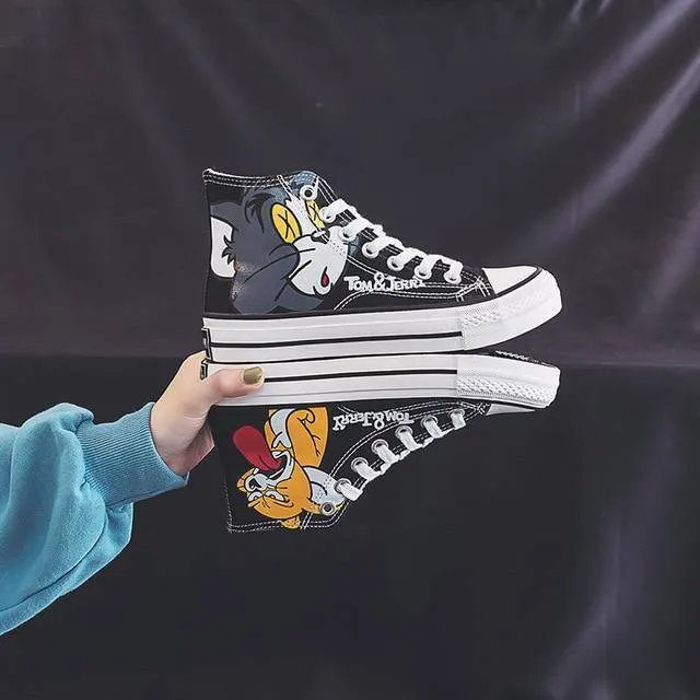 Anime Cartoon Print Patchwork Shoes Brand Lovely Girls Canvas Thick Heel Sneakers Designer High Top Espadrilles Flat
