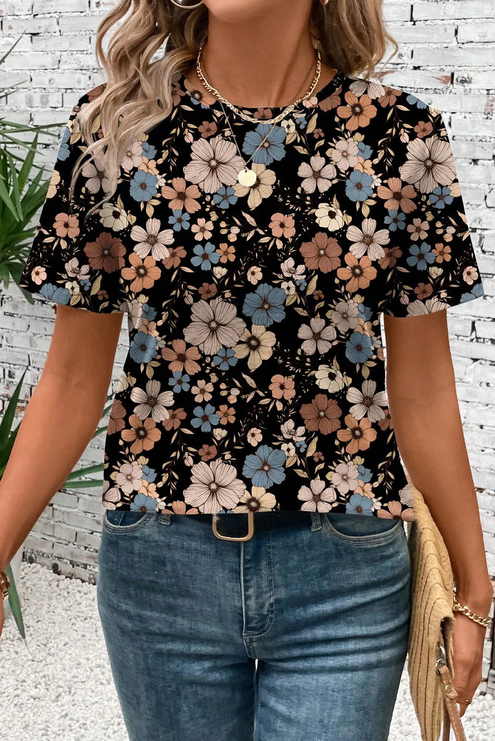 Black Summer Flower Printed Casual T Shirt