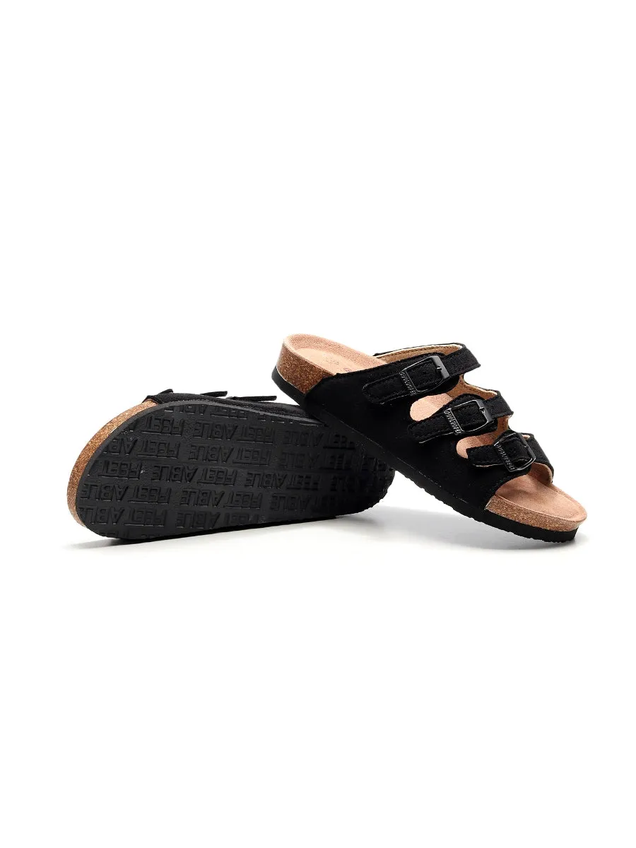 Black Triple-Buckle Suede Upper Sandal