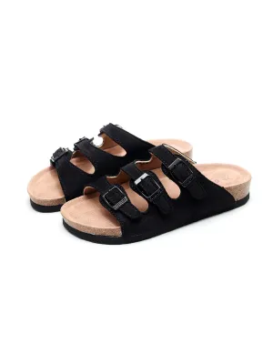 Black Triple-Buckle Suede Upper Sandal