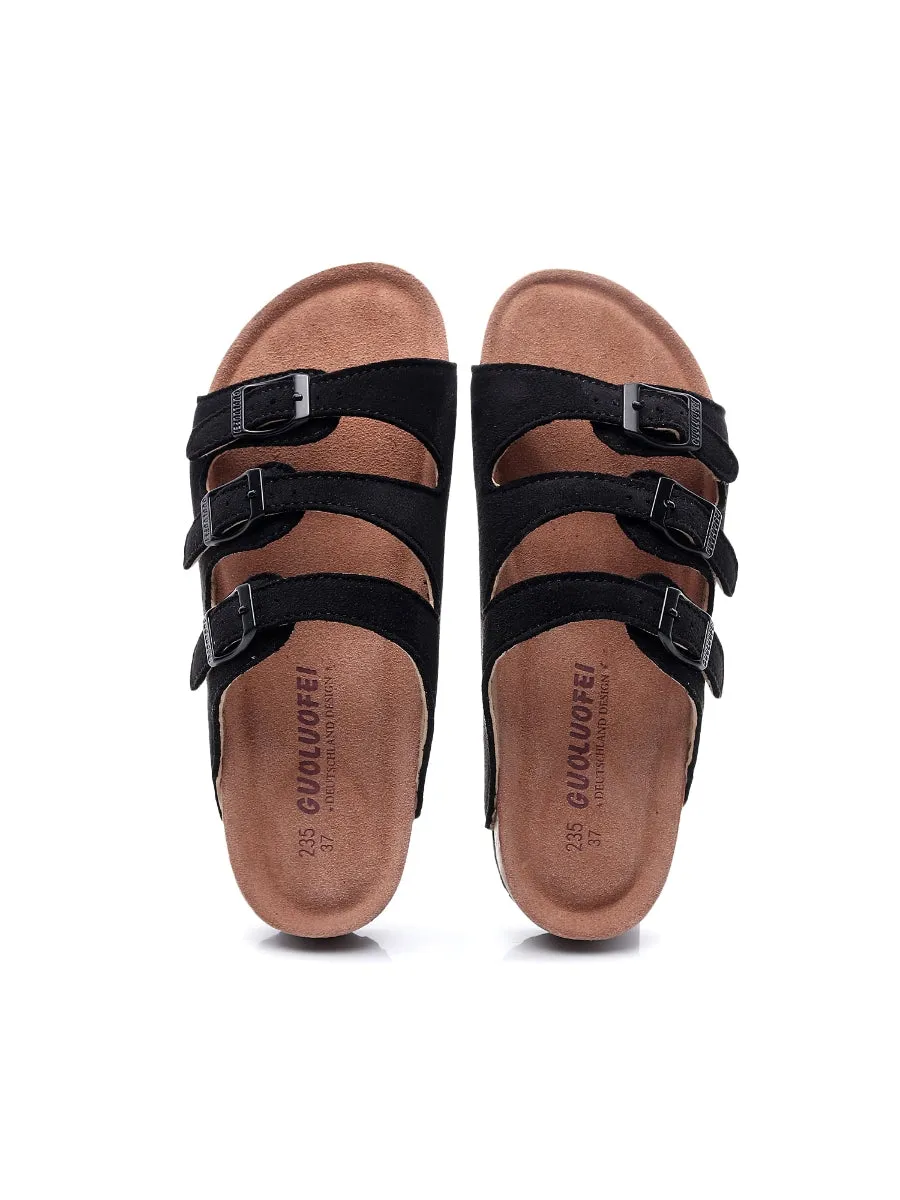 Black Triple-Buckle Suede Upper Sandal