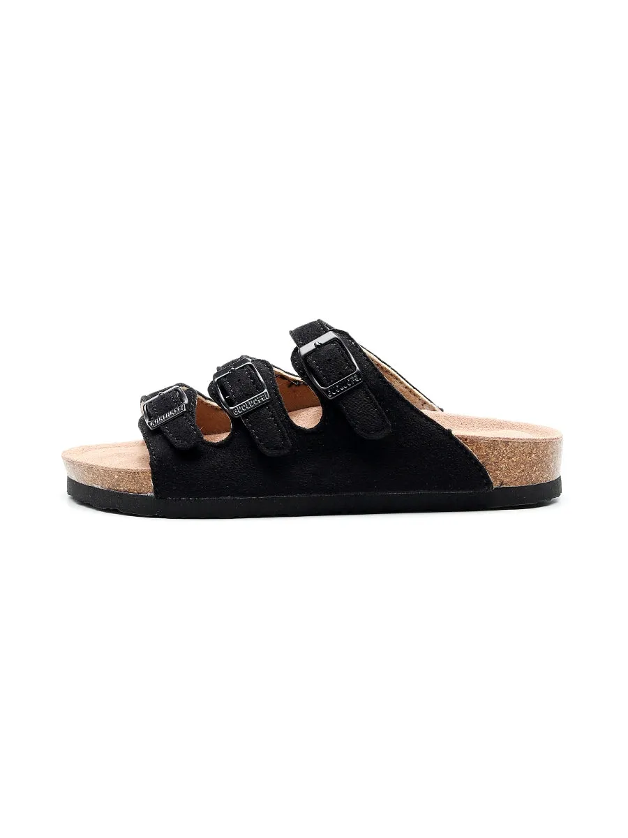 Black Triple-Buckle Suede Upper Sandal