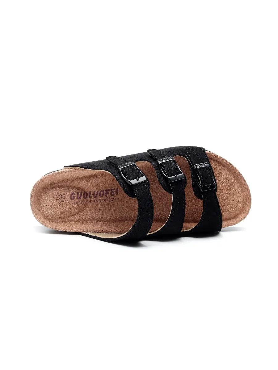 Black Triple-Buckle Suede Upper Sandal