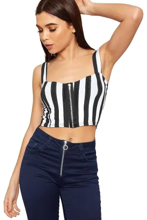 Black White Print Striped Zip Bralet Crop Strap Top