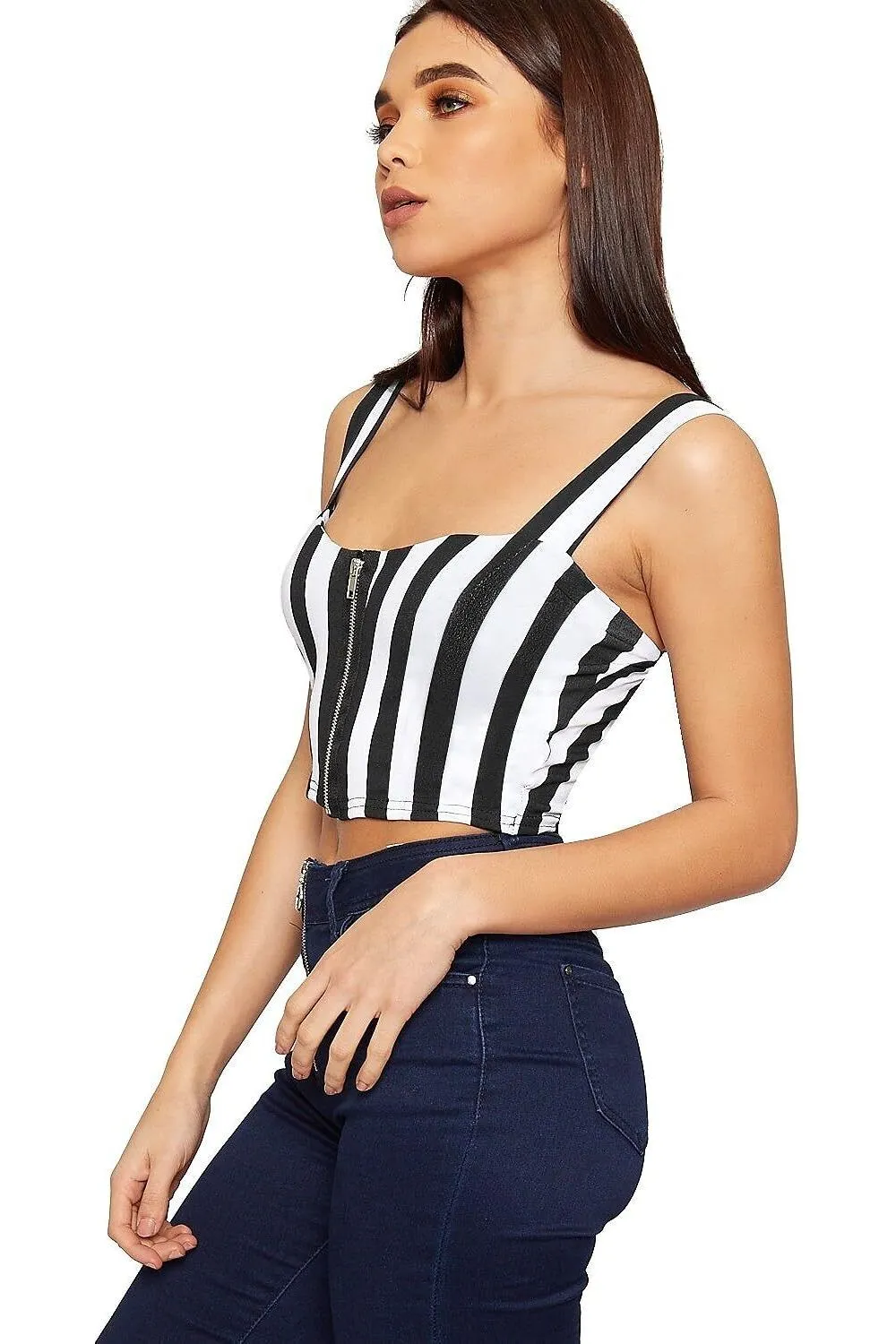 Black White Print Striped Zip Bralet Crop Strap Top