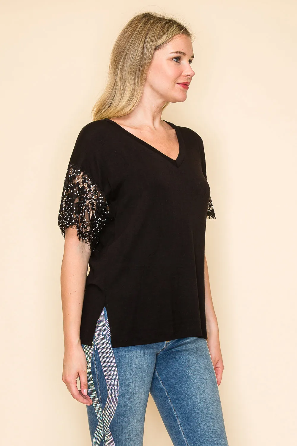 BlackV-Neck  Knit Top w/ Lace & Rhinestone Sleeves
