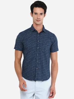 Blue & Grey Printed Slim Fit Semi Casual Shirt | Greenfibre