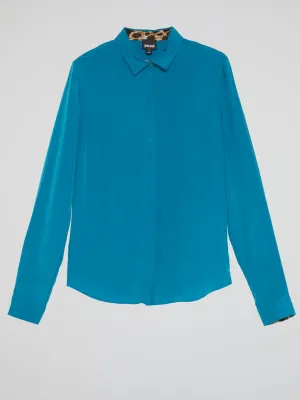 Blue Leopard Print Panel Shirt