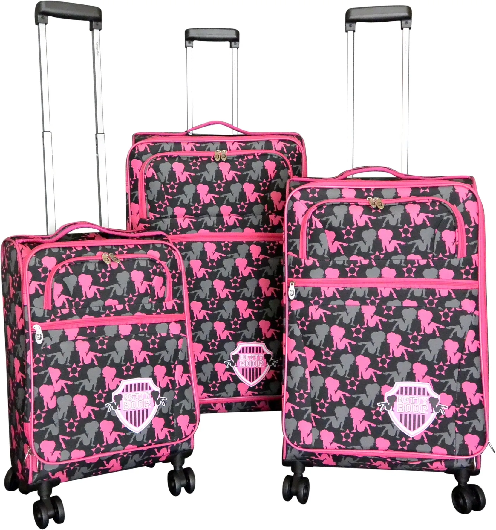Boop 3pcs Set canvas Luggage 4 pairs rolling Spinning Wheels pink grey  angels