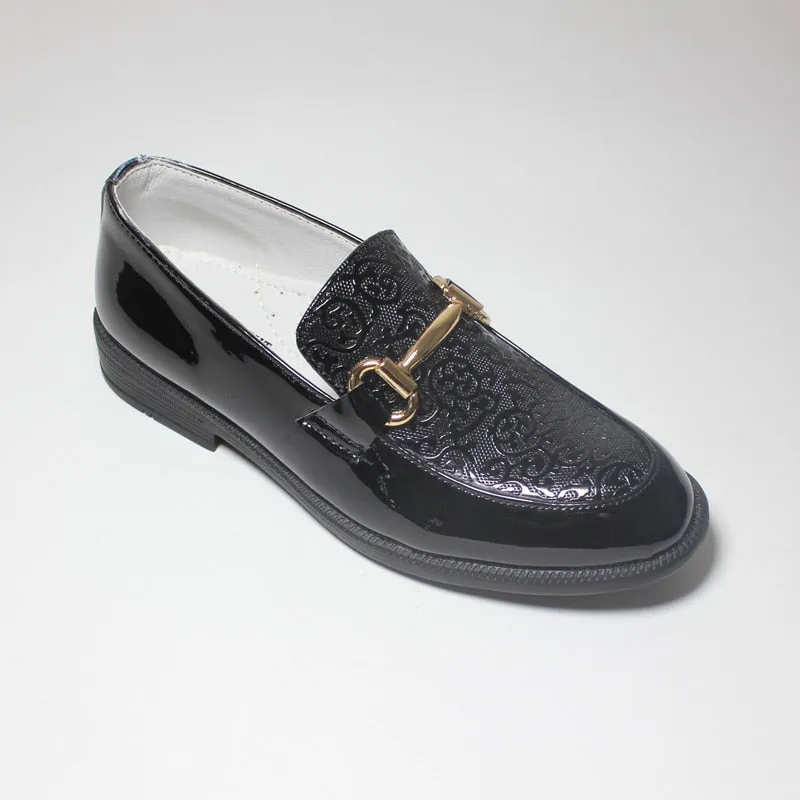 Boys Black Patent Leather Slip On Round Toe Oxford Shoes