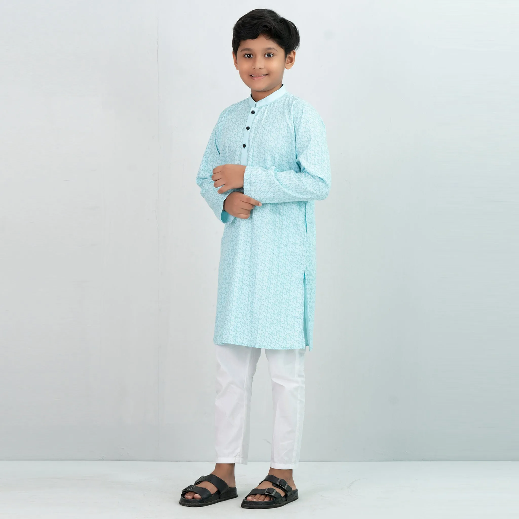 Boys Turquoise Printed Panjabi