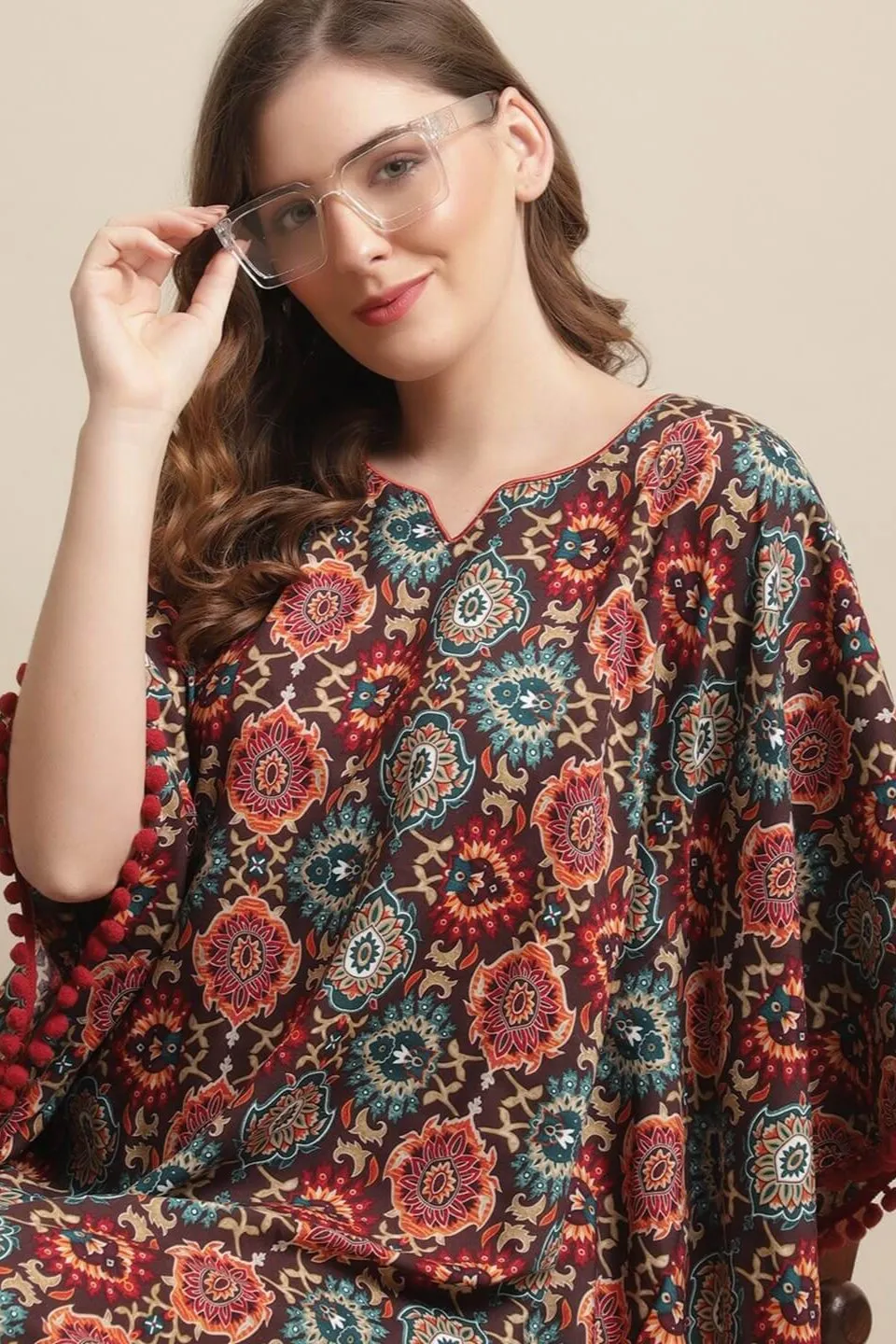 Brown Color Motif Printed Viscose Rayon Kaftan