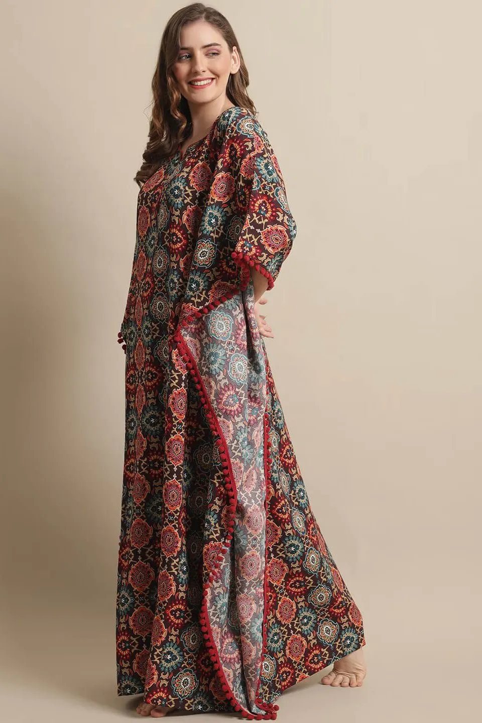 Brown Color Motif Printed Viscose Rayon Kaftan