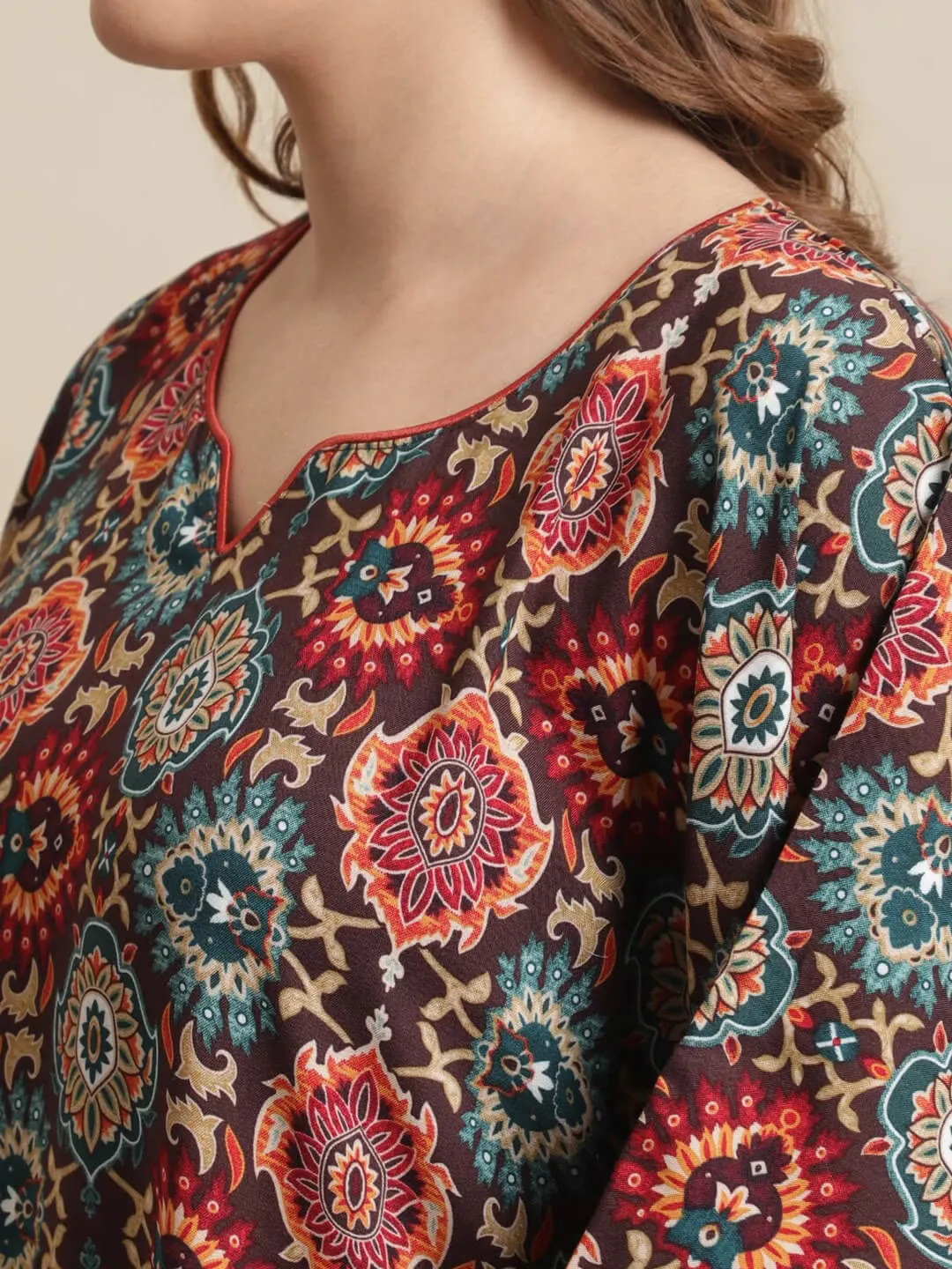 Brown Color Motif Printed Viscose Rayon Kaftan