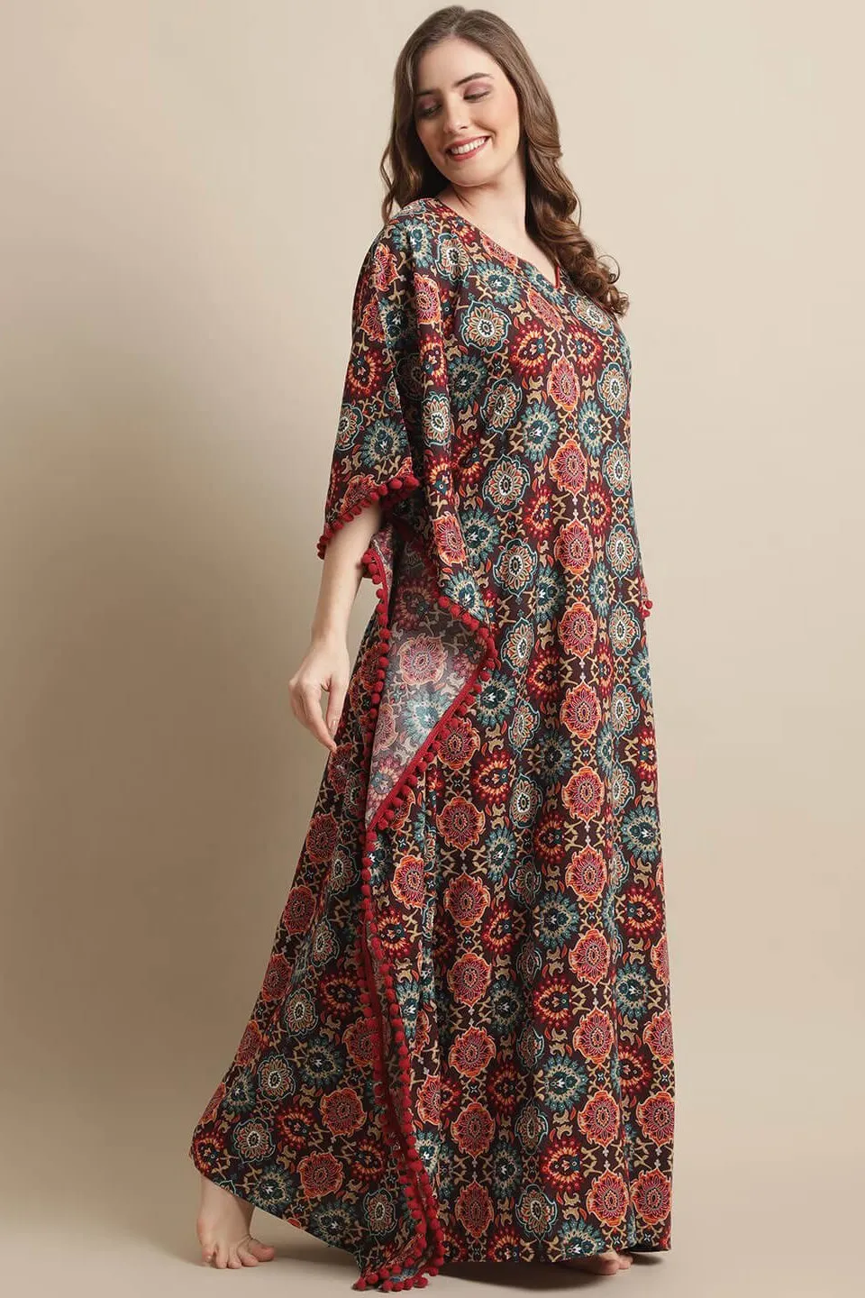 Brown Color Motif Printed Viscose Rayon Kaftan
