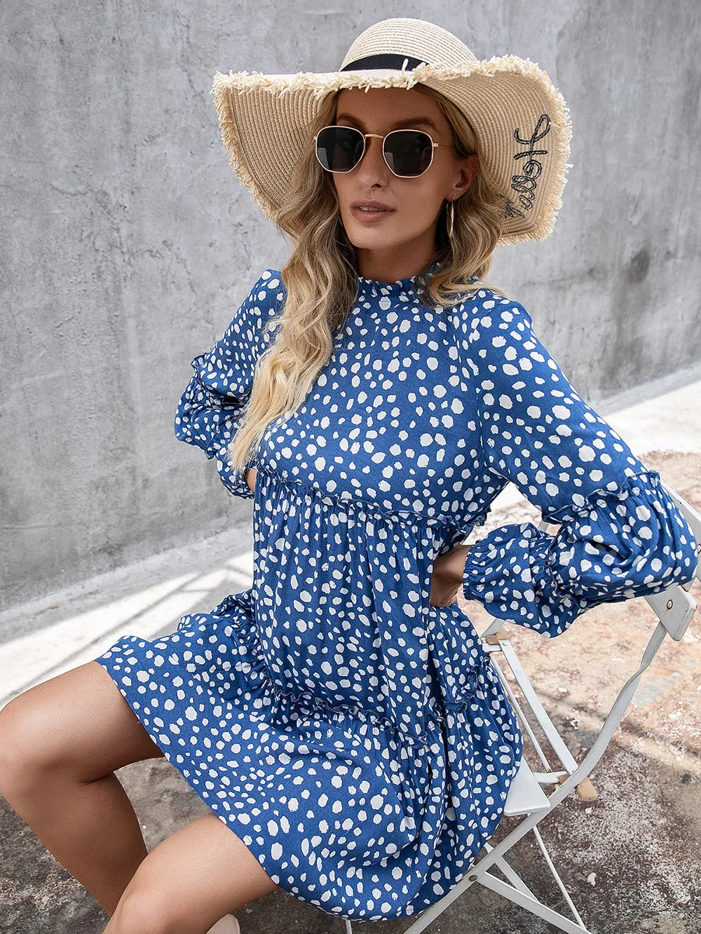 Dalmatian Printed Long Sleeve Tiered Dress