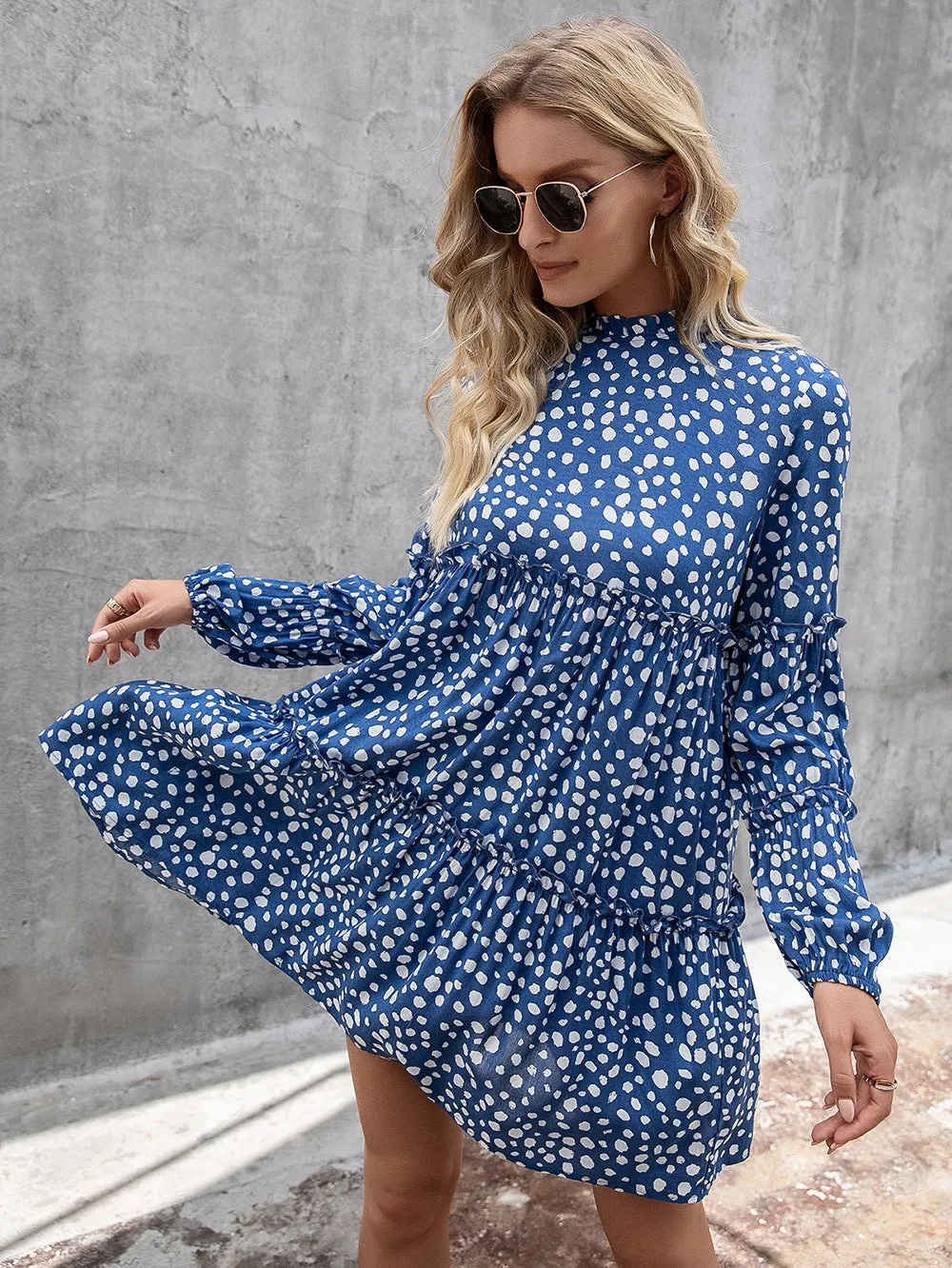 Dalmatian Printed Long Sleeve Tiered Dress