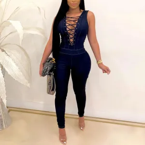 Denim V-Neck LaceUp Eyelet Sleeveless Jumpsuit