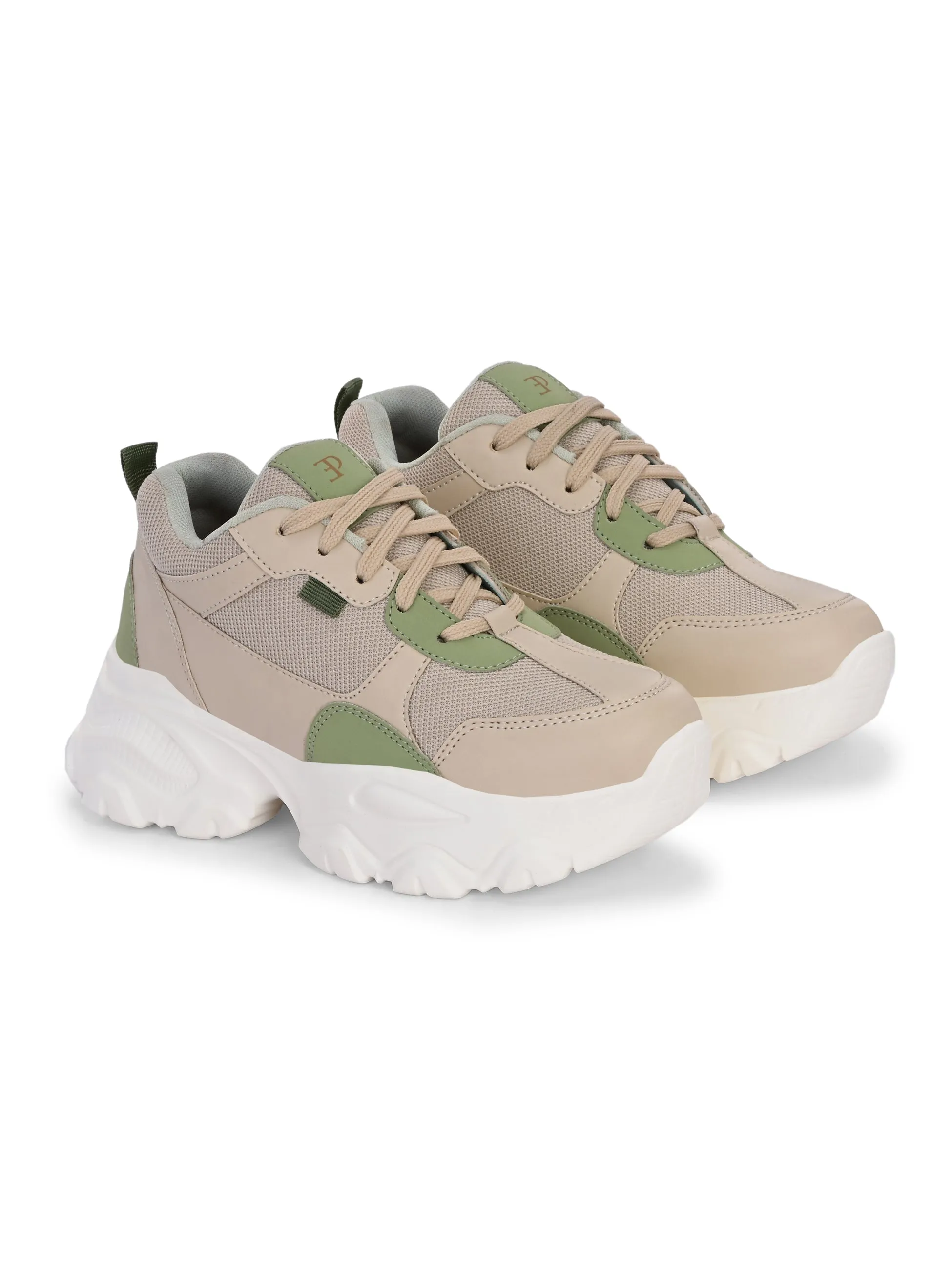 EL PASO Women Beige Faux Leather Casual Lace Up Sneakers