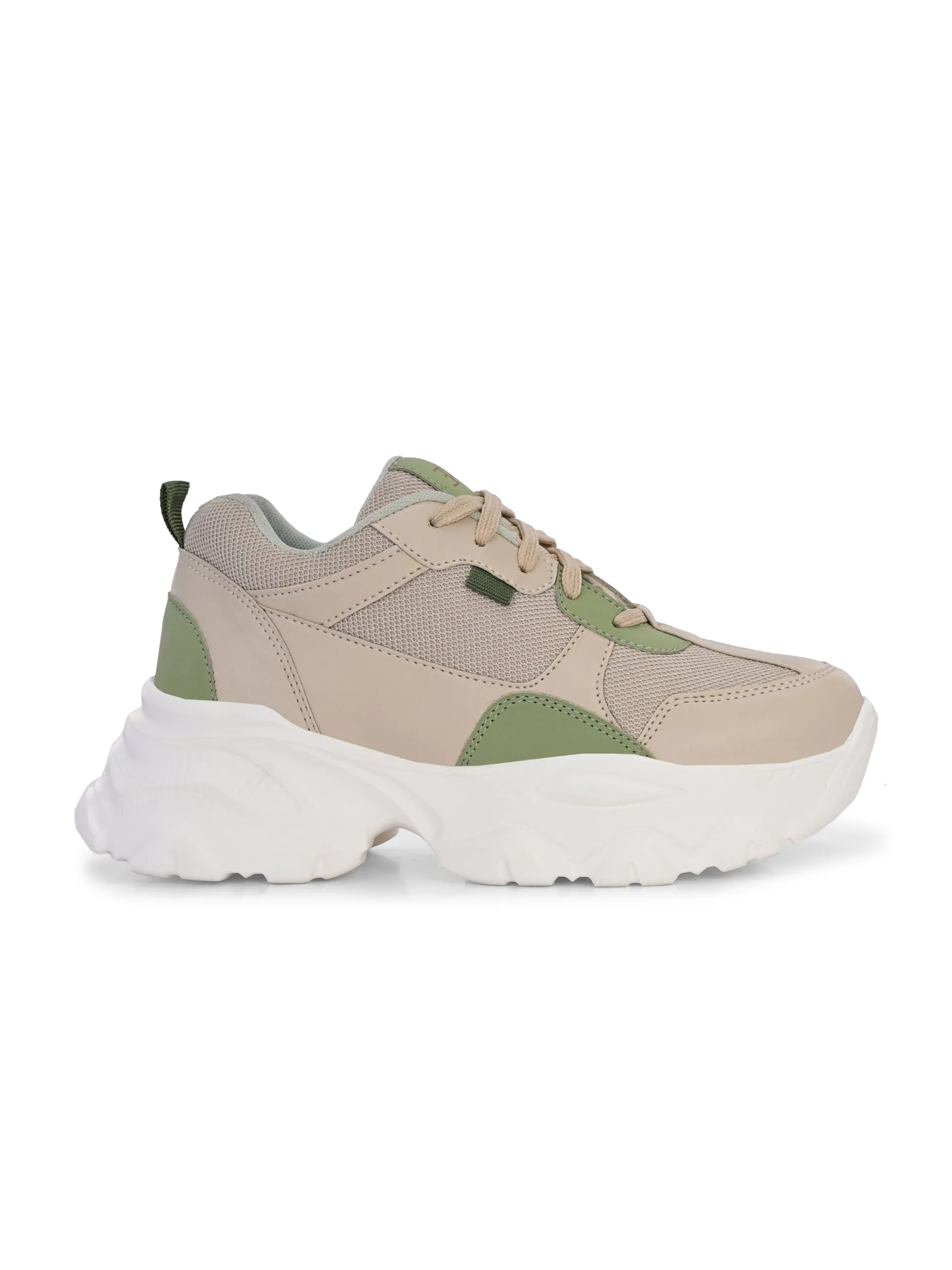 EL PASO Women Beige Faux Leather Casual Lace Up Sneakers