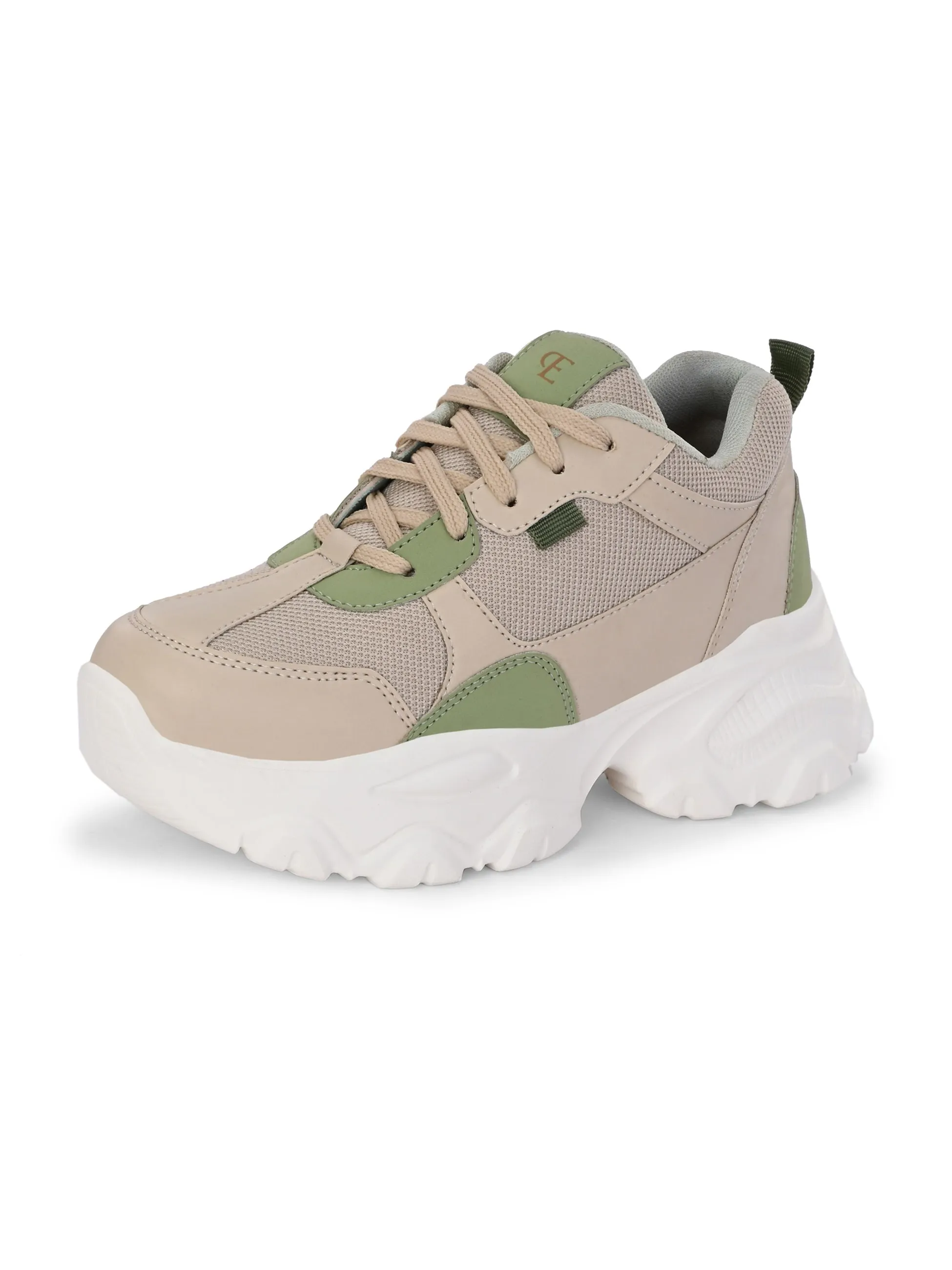 EL PASO Women Beige Faux Leather Casual Lace Up Sneakers