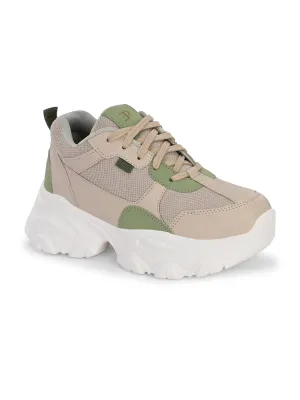 EL PASO Women Beige Faux Leather Casual Lace Up Sneakers