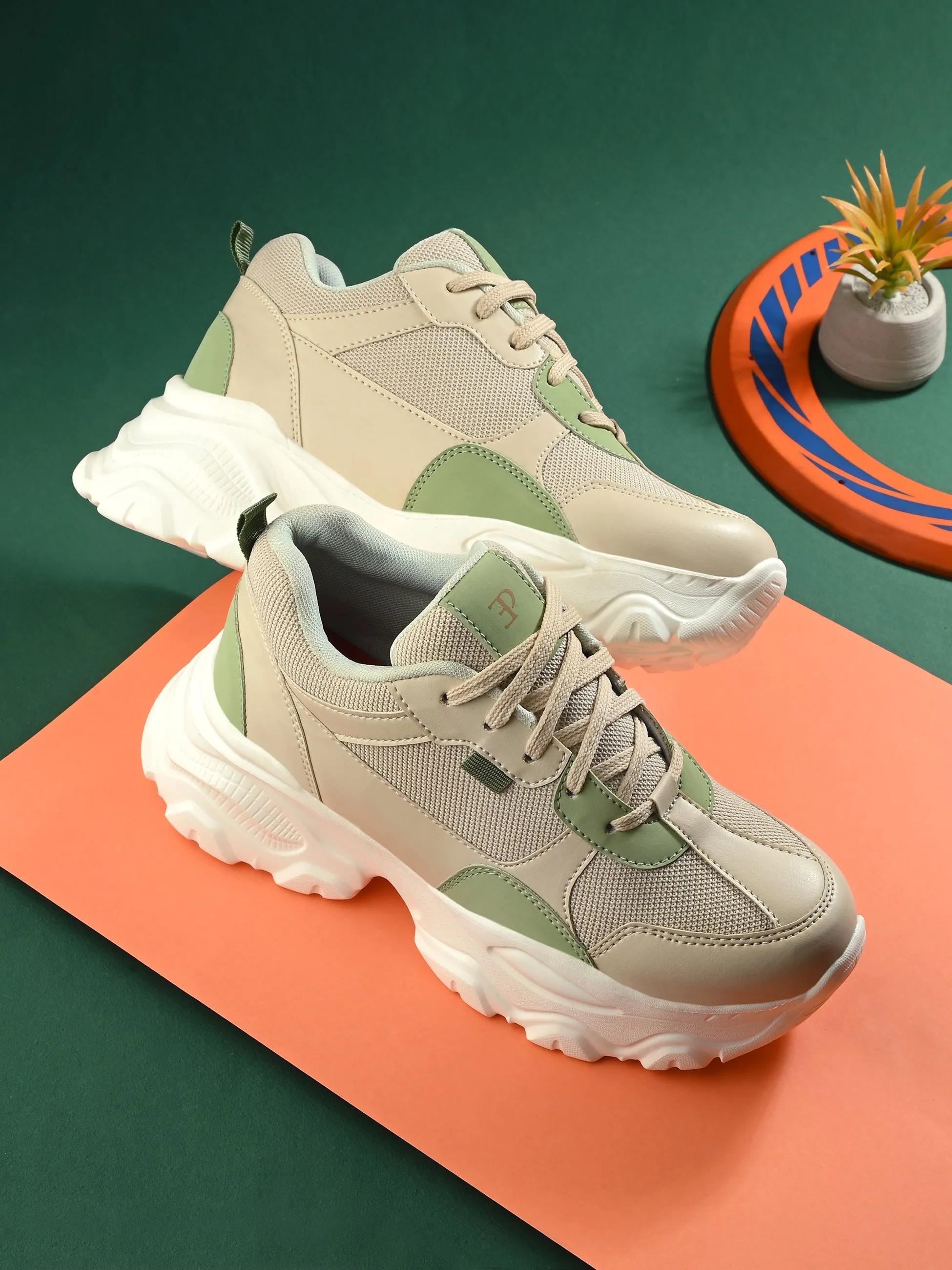 EL PASO Women Beige Faux Leather Casual Lace Up Sneakers