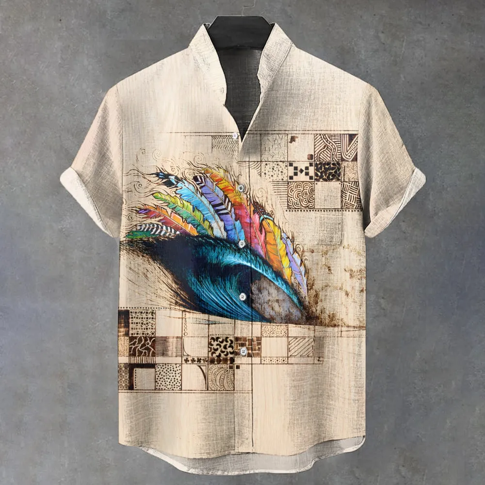 Feather Art Waves Stand Collar Printed Short Sleeve Shirt 2409007955