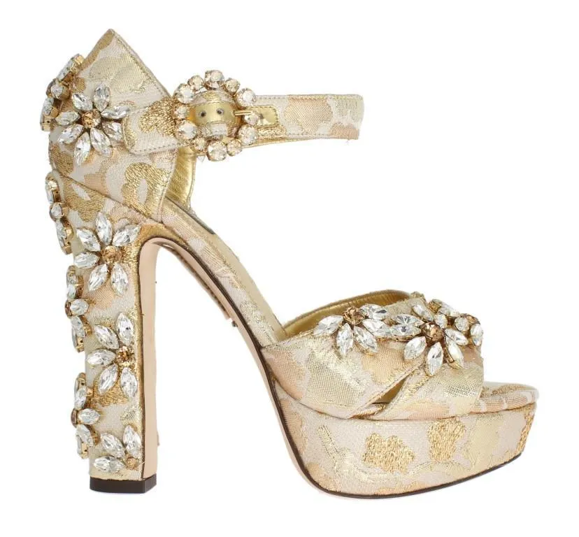 Gold Brocade Crystal Strap Sandals