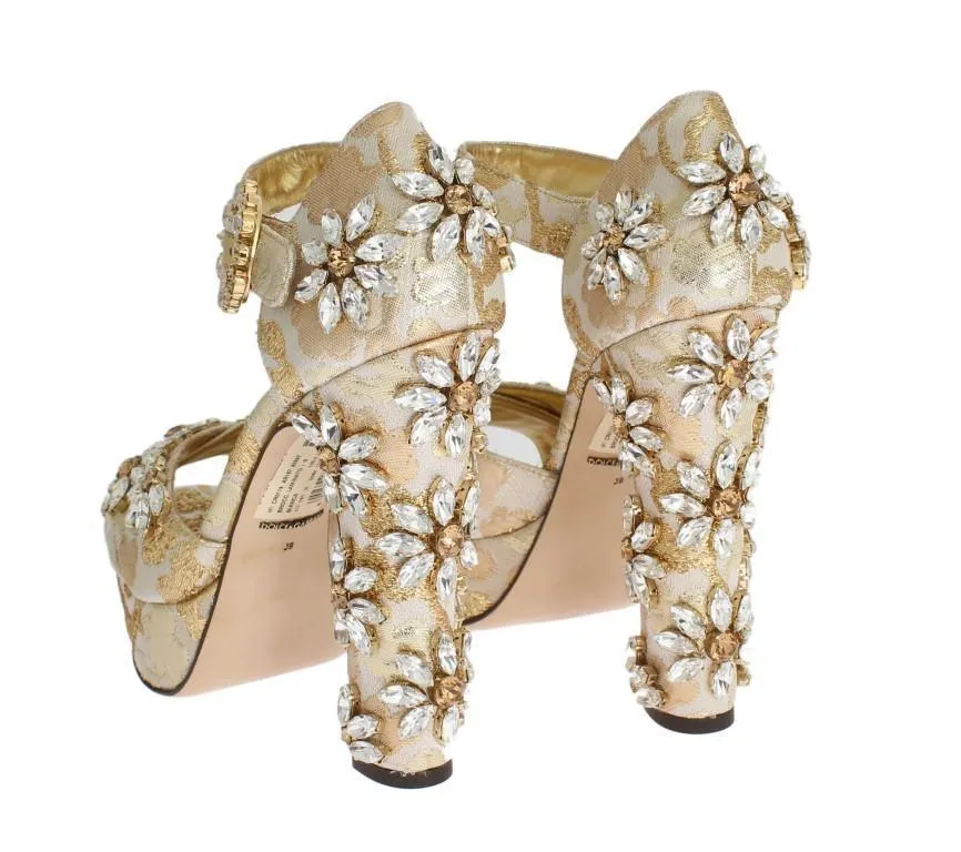 Gold Brocade Crystal Strap Sandals