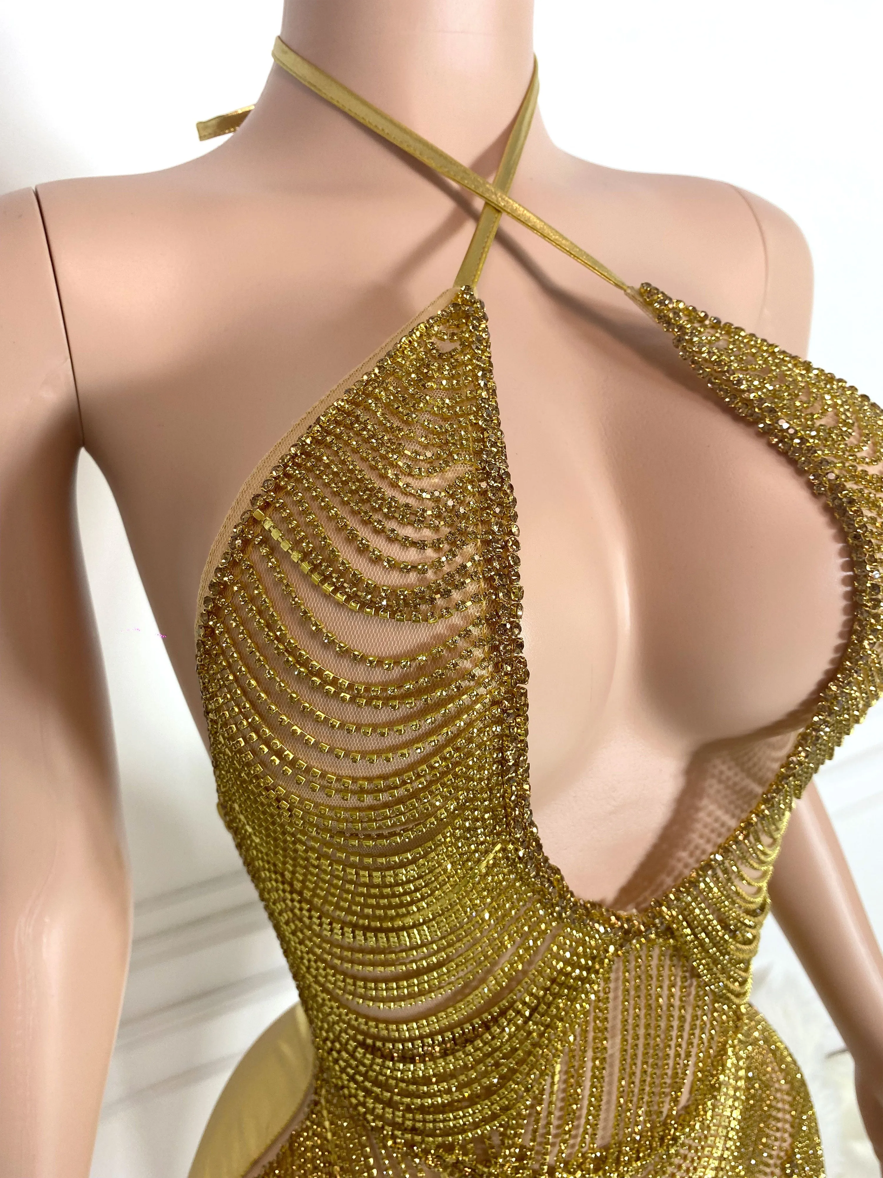Gold Diamond Chains and Hollow Out Sleeveless Mini Dress