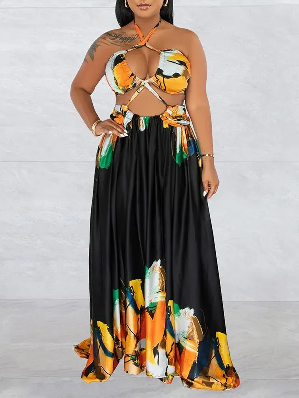 Gorgeousladie Printed Lace-Up Slit Dress