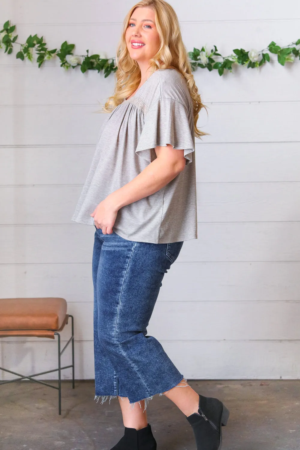 Grey Tie Back Crochet Square Neck Top