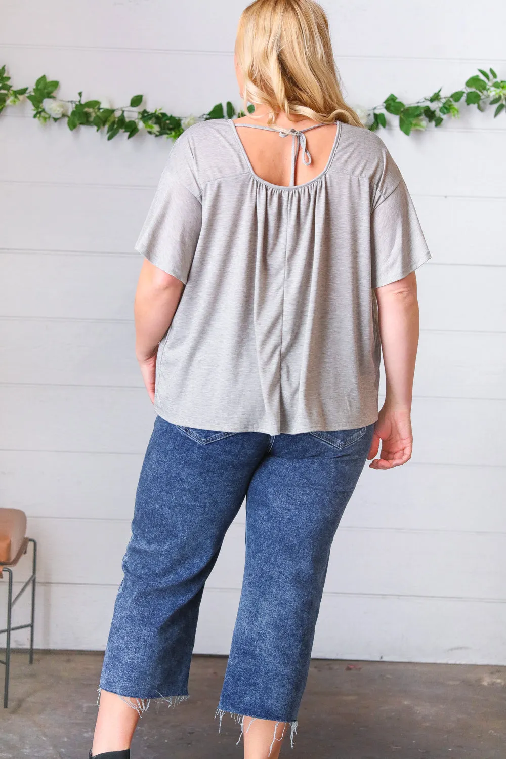 Grey Tie Back Crochet Square Neck Top