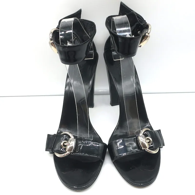 Gucci Buckle Sandals Black Patent Leather Size 10B Ankle Strap Heels