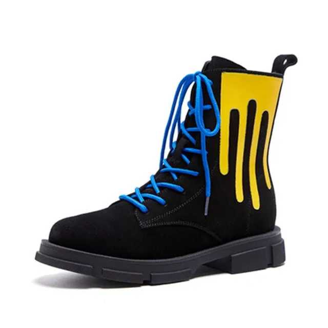 Hot Black Suede Leather Mixed Color Women Ankle Boots For Women Lace Up Platform Flats Botines Mujer Shoes Woman