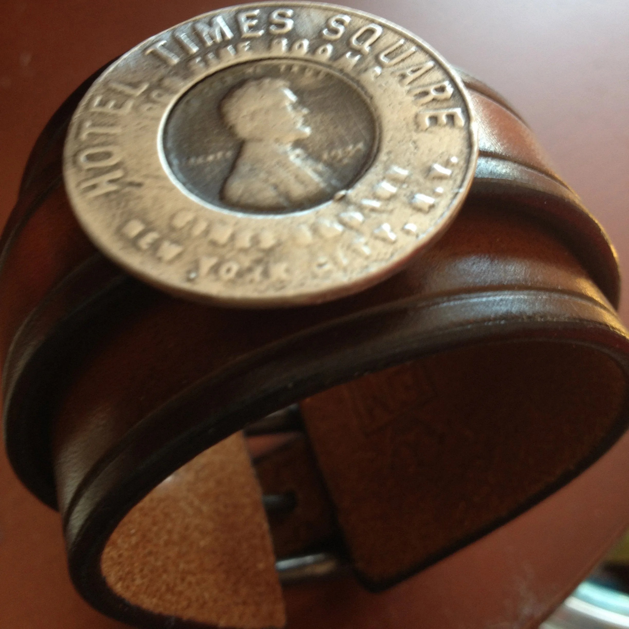 Hotel Times Square Vintage Lucky Penny Sterling and  Leather Cuff