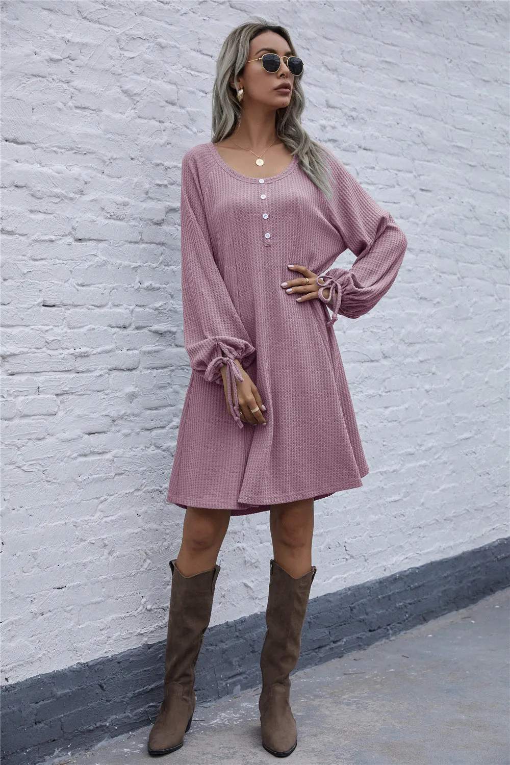 Lace-up Knit Round Neck Lantern Sleeve Mini Dresses